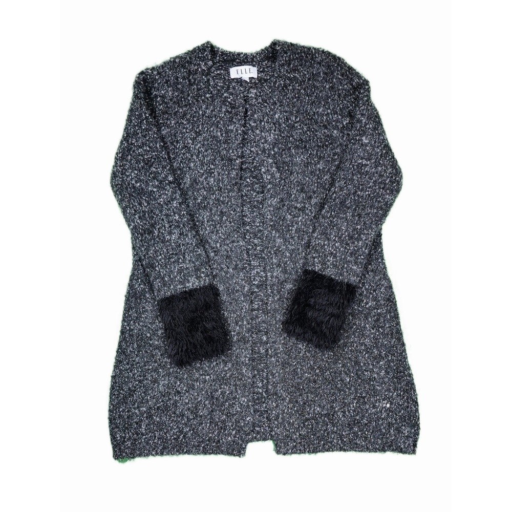 Elle Black Gray Open Front Knee Length Cardigan Sz S Soft‎ Fluffy Sweater Comfy